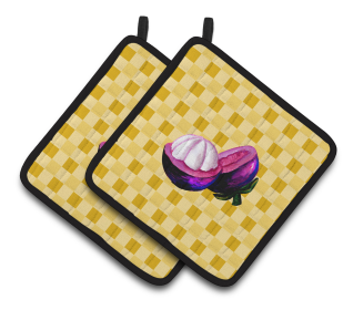 Fruit on Pair of Pot Holders (Color: Mangosteen Sliced on Basketweave, size: 7.5 x 7.5)