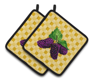 Fruit on Pair of Pot Holders (Color: Mulberries on Basketweave, size: 7.5 x 7.5)