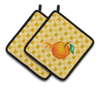 Fruit on Pair of Pot Holders (Color: Oranges and Slice on Basketweave, size: 7.5 x 7.5)