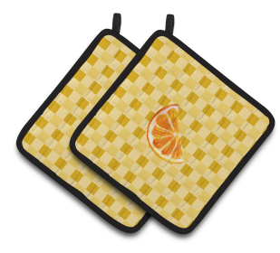 Fruit on Pair of Pot Holders (Color: Sliced Oranges on Basketweave, size: 7.5 x 7.5)