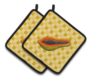 Fruit on Pair of Pot Holders (Color: Sliced Papaya on Basketweave, size: 7.5 x 7.5)