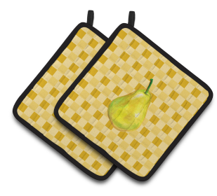 Fruit on Pair of Pot Holders (Color: Whole Pear on Basketweave, size: 7.5 x 7.5)