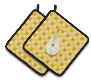 Fruit on Pair of Pot Holders (Color: Sliced Pear on Basketweave, size: 7.5 x 7.5)