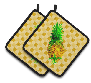 Fruit on Pair of Pot Holders (Color: Whole Pineapple on Basketweave, size: 7.5 x 7.5)