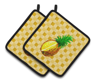 Fruit on Pair of Pot Holders (Color: Whole Pineapple Cut on Basketweave, size: 7.5 x 7.5)