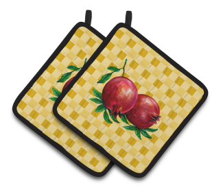 Fruit on Pair of Pot Holders (Color: Whole Pomegranates on Basketweave, size: 7.5 x 7.5)