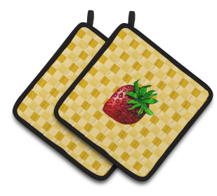 Fruit on Pair of Pot Holders (Color: Strawberry on Basketweave, size: 7.5 x 7.5)