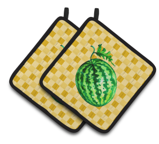 Fruit on Pair of Pot Holders (Color: Whole Watermelon on Basketweave, size: 7.5 x 7.5)
