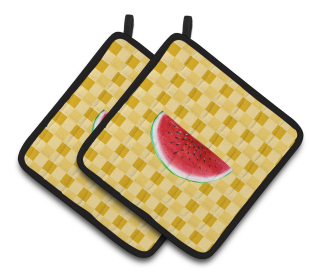 Fruit on Pair of Pot Holders (Color: Sliced Watermelon on Basketweave, size: 7.5 x 7.5)