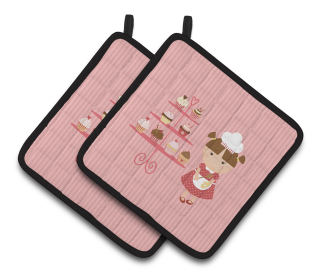 Baker on Pair of Pot Holders (Color: Cupcake Baker Brunette Pink, size: 7.5 x 7.5)