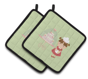 Baker on Pair of Pot Holders (Color: Cake Baker Brunette Green, size: 7.5 x 7.5)