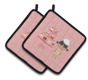 Baker on Pair of Pot Holders (Color: Cupcake Baker African American Pink, size: 7.5 x 7.5)