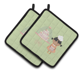 Baker on Pair of Pot Holders (Color: Cake Baker African American Green, size: 7.5 x 7.5)