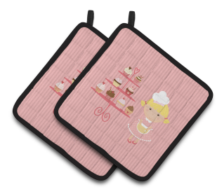Baker on Pair of Pot Holders (Color: Cupcake Baker Blonde Pink, size: 7.5 x 7.5)