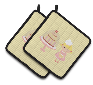 Baker on Pair of Pot Holders (Color: Cake Baker Blonde Yellow, size: 7.5 x 7.5)