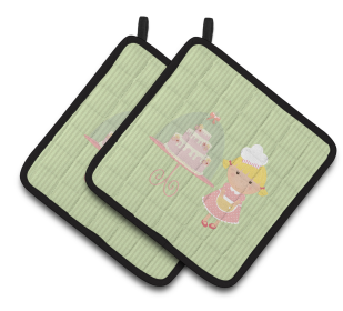 Baker on Pair of Pot Holders (Color: Cake Baker Blonde Green, size: 7.5 x 7.5)