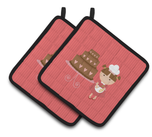 Cake on Pair of Pot Holders (Color: Valentine's Cake Baker Brunette, size: 7.5 x 7.5)