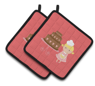 Cake on Pair of Pot Holders (Color: Valentine's Cake Baker Blonde, size: 7.5 x 7.5)
