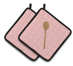 Kitchen Utensils on Pair of Pot Holders (Color: Wooden Spoon Pink, size: 7.5 x 7.5)
