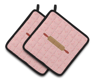 Kitchen Utensils on Pair of Pot Holders (Color: Rolling Pin Pink, size: 7.5 x 7.5)