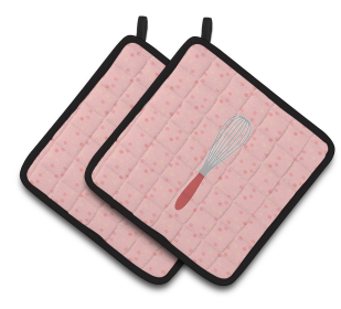 Kitchen Utensils on Pair of Pot Holders (Color: Wisk Pink, size: 7.5 x 7.5)