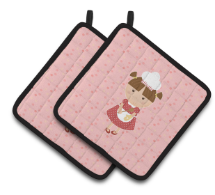 Baker on Pair of Pot Holders (Color: Baker Brunette on Pink, size: 7.5 x 7.5)
