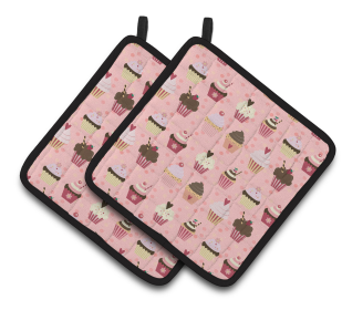 Cake on Pair of Pot Holders (Color: Cupcakes on Pink, size: 7.5 x 7.5)