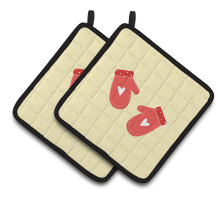 Kitchen Utensils on Pair of Pot Holders (Color: Oven Mitts on Yellow, size: 7.5 x 7.5)