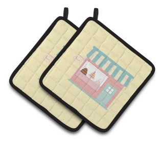 Bake Shoppe Pair of Pot Holders (Color: Bake Shoppe on Yellow, size: 7.5 x 7.5)