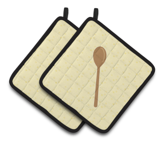 Kitchen Utensils on Pair of Pot Holders (Color: Wooden Spoon on Yellow, size: 7.5 x 7.5)