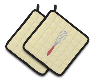 Kitchen Utensils on Pair of Pot Holders (Color: Wisk on Yellow, size: 7.5 x 7.5)