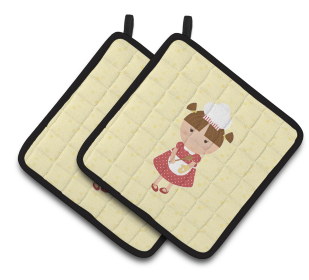 Baker on Pair of Pot Holders (Color: Brunette Baker on Yellow, size: 7.5 x 7.5)