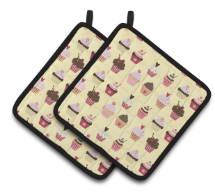 Cake on Pair of Pot Holders (Color: Cupcakes on Yellow, size: 7.5 x 7.5)