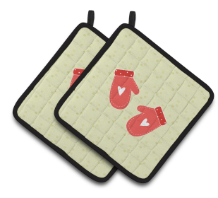 Kitchen Utensils on Pair of Pot Holders (Color: Oven Mitts on Green, size: 7.5 x 7.5)