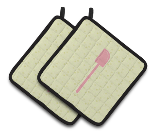 Kitchen Utensils on Pair of Pot Holders (Color: Spatula on Green, size: 7.5 x 7.5)