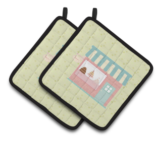 Bake Shoppe Pair of Pot Holders (Color: Bake Shoppe on Green, size: 7.5 x 7.5)