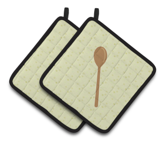 Kitchen Utensils on Pair of Pot Holders (Color: Wooden Spoon on Green, size: 7.5 x 7.5)