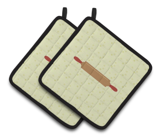Kitchen Utensils on Pair of Pot Holders (Color: Rolling Pin on Green, size: 7.5 x 7.5)