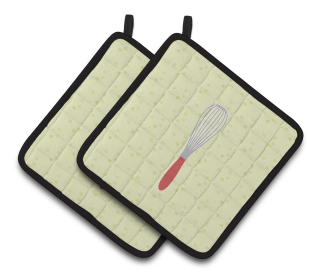 Kitchen Utensils on Pair of Pot Holders (Color: Wisk on Green, size: 7.5 x 7.5)