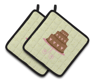 Cake on Pair of Pot Holders (Color: Heart Chocolate Cake on Green, size: 7.5 x 7.5)