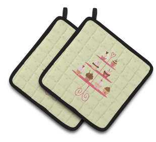 Cake on Pair of Pot Holders (Color: Cupcakes 3 Tier Stand on Green, size: 7.5 x 7.5)