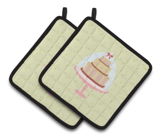Cake on Pair of Pot Holders (Color: Décorated Cake on Green, size: 7.5 x 7.5)