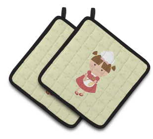 Baker on Pair of Pot Holders (Color: Brunette Baker on Green, size: 7.5 x 7.5)