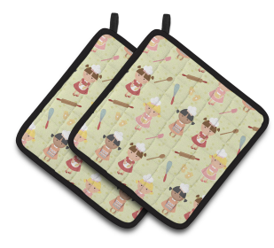 Baker on Pair of Pot Holders (Color: Bakers Delight on Green, size: 7.5 x 7.5)
