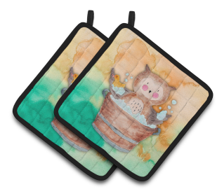 Animal Bathing Watercolor Pair of Pot Holders (Color: Owl Bathing Watercolor, size: 7.5 x 7.5)