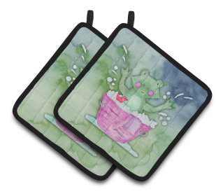 Animal Bathing Watercolor Pair of Pot Holders (Color: Frog Bathing Watercolor, size: 7.5 x 7.5)