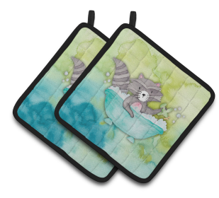 Animal Bathing Watercolor Pair of Pot Holders (Color: Raccoon Bathing Watercolor, size: 7.5 x 7.5)