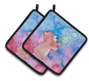 Animal Bathing Watercolor Pair of Pot Holders (Color: Bear and Bubbles Watercolor, size: 7.5 x 7.5)
