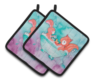 Animal Bathing Watercolor Pair of Pot Holders (Color: Rabbit and Squirrel Bathing Watercolor, size: 7.5 x 7.5)