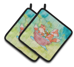 Animal Bathing Watercolor Pair of Pot Holders (Color: Foxes Bathing Watercolor, size: 7.5 x 7.5)
